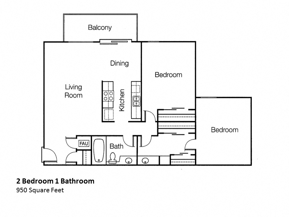 Floor plan for 2 beds, 1 bath, 950 sqft